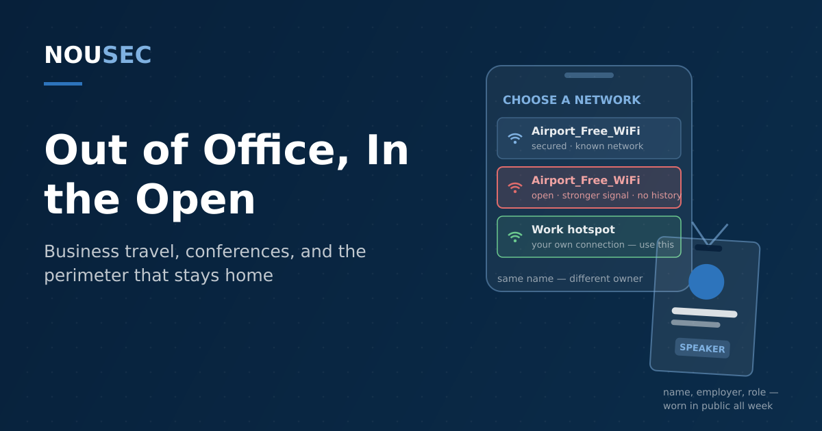 A traveler's phone choosing between a legitimate and a spoofed airport Wi-Fi network beside a conference badge, on a navy NOUSEC-branded background