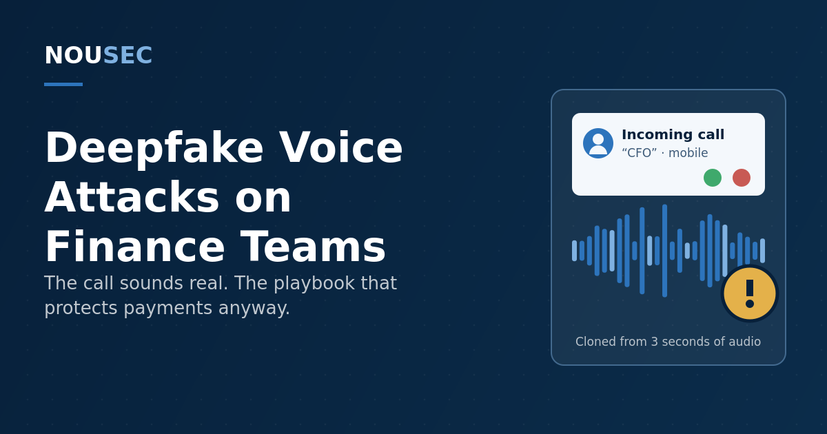 Stylized incoming-call card with a cloned voice waveform and warning badge on a navy NOUSEC-branded background