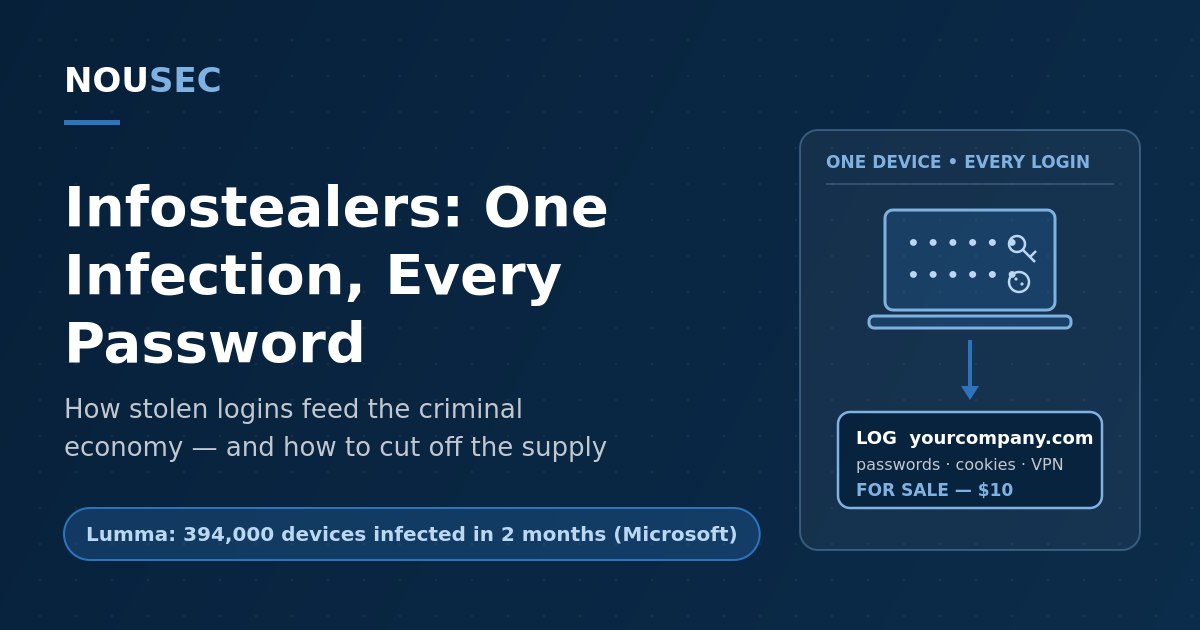 Laptop icon leaking credential and cookie icons into a for-sale log listing beside the title, on a navy NOUSEC-branded background