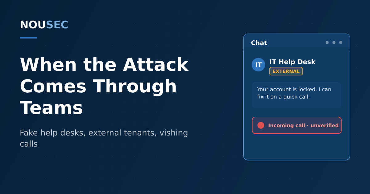 Stylized Teams chat window showing an external IT support impersonator flagged as untrusted, on a navy NOUSEC-branded background