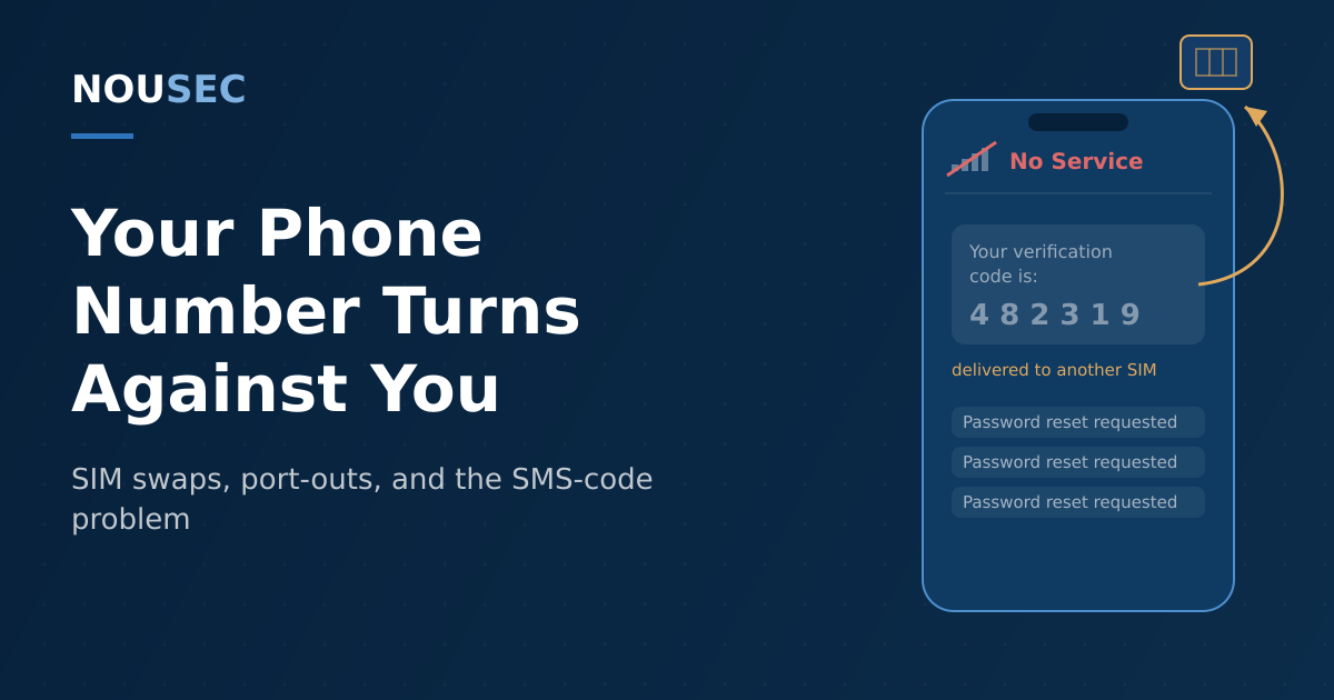 Stylized phone screen losing signal while verification codes are redirected, on a navy NOUSEC-branded background